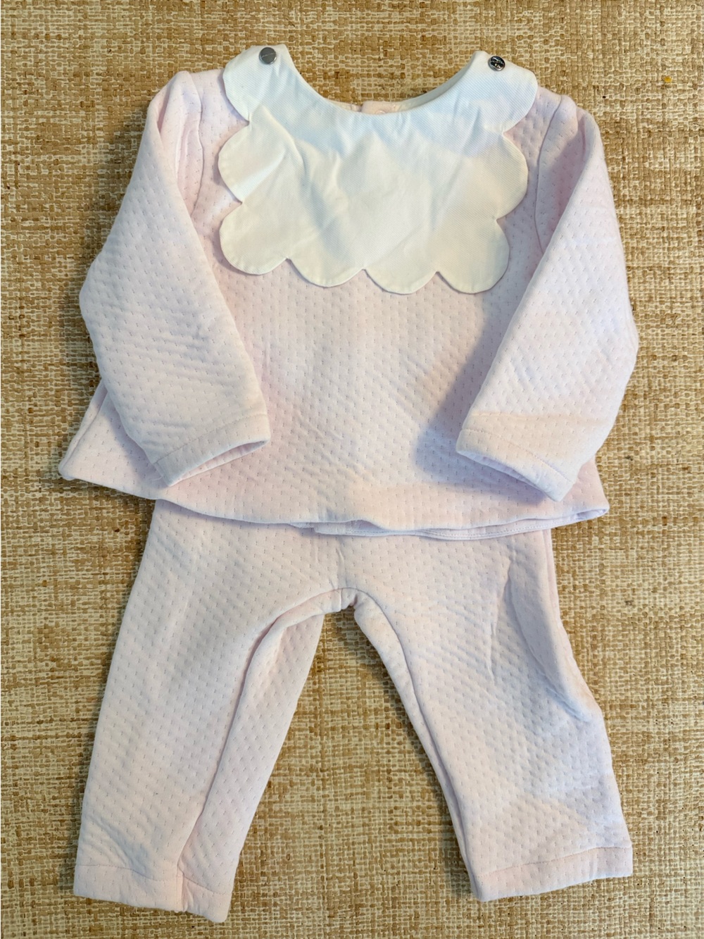 Jacadi Paris Baby Pink Quilted Two-Piece Outfit with White Scalloped Bib